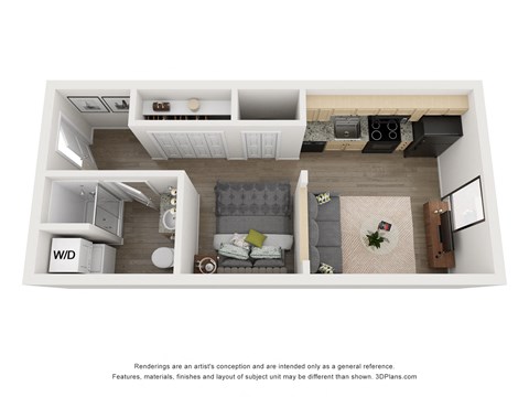 a stylized floor plan with a bedroom and a living room